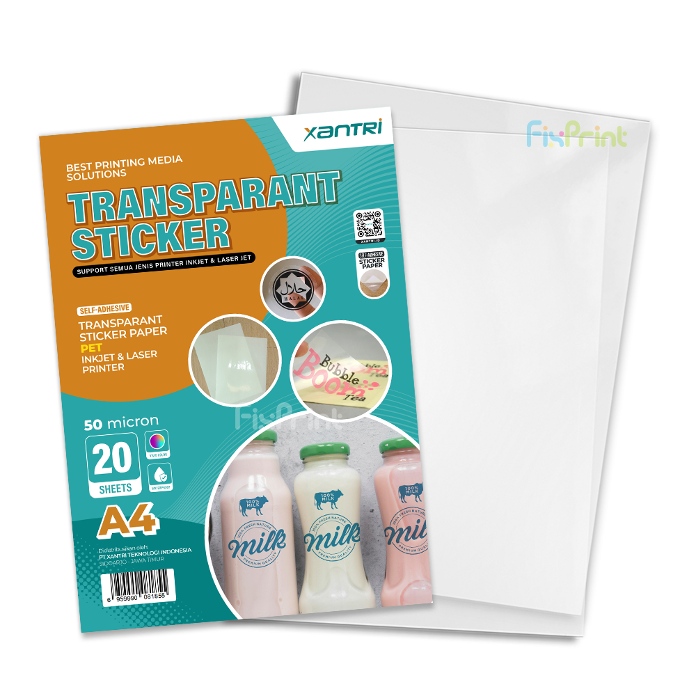 Kertas Stiker Xantri Clear Transparan PET 50 Mic isi 20 lmbr, Tranparent Sticker Paper Waterproof Inkjet A4 50 Micron