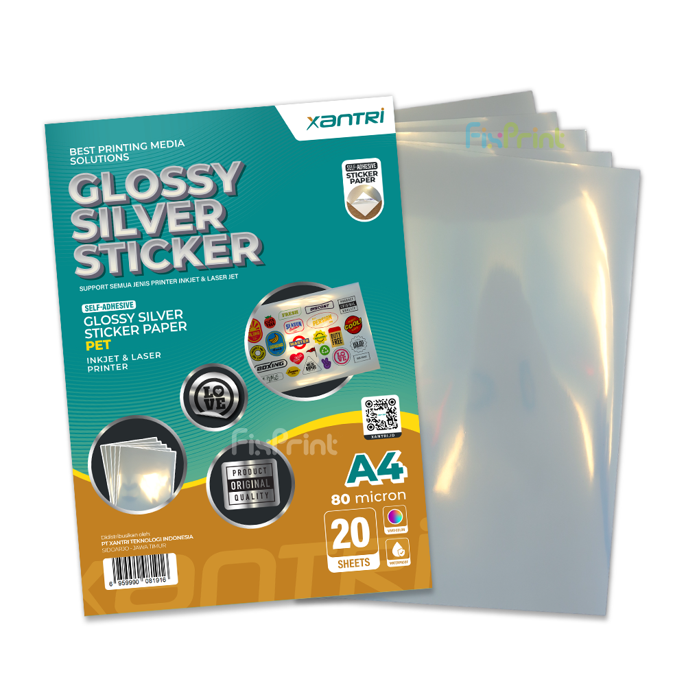 Kertas Stiker Xantri Glossy Silver PET 80 Mic isi 20 lmbr, Glossy Sticker Paper Silver Waterproof Inkjet A4 80 Micron